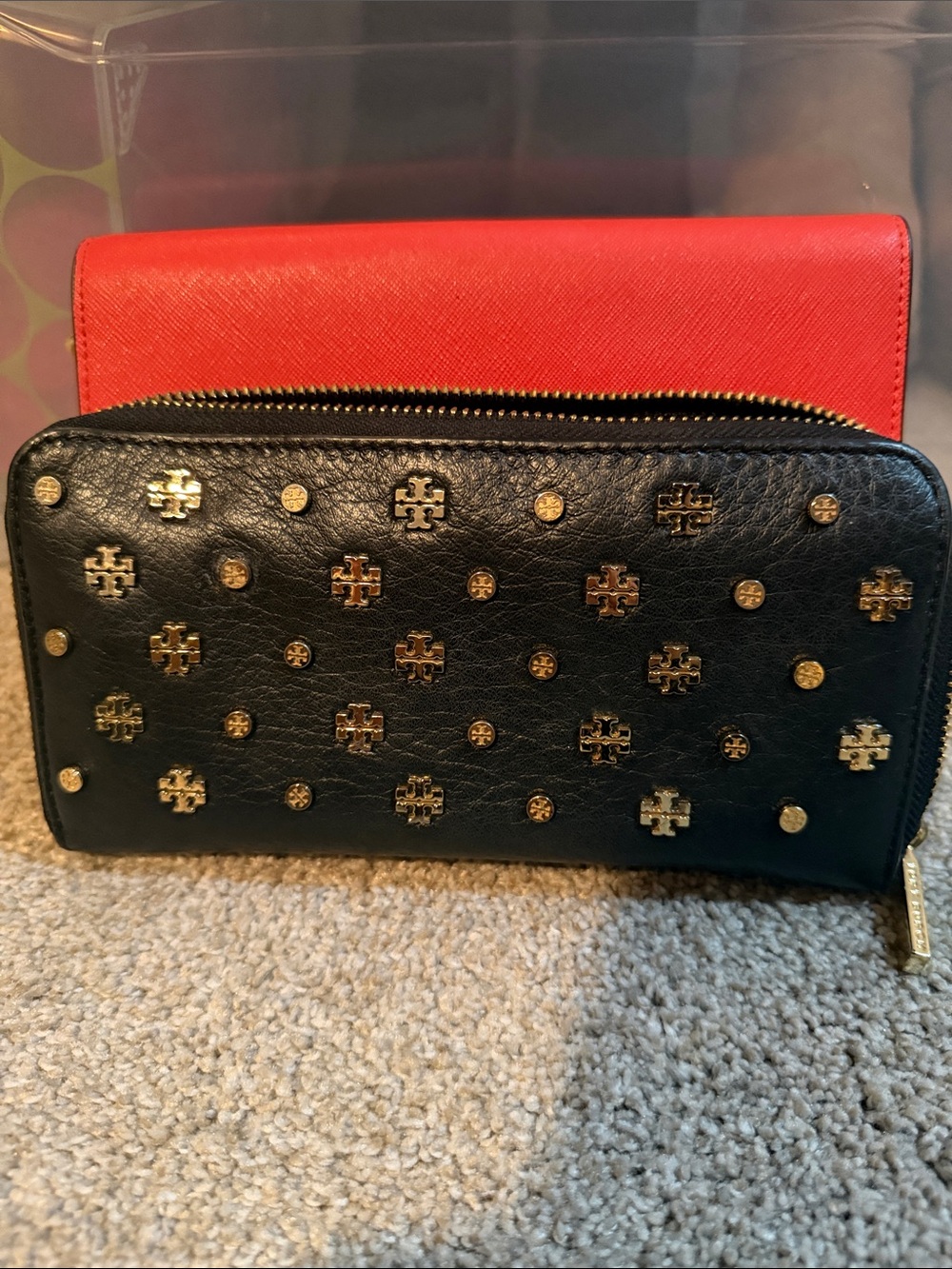 Tory Burch Black Leather Zip Wallet with Gold Logo Studs